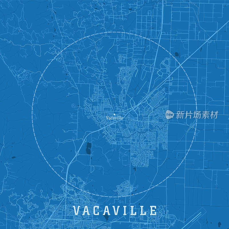 Vacaville CA城市矢量道路地图蓝色文本